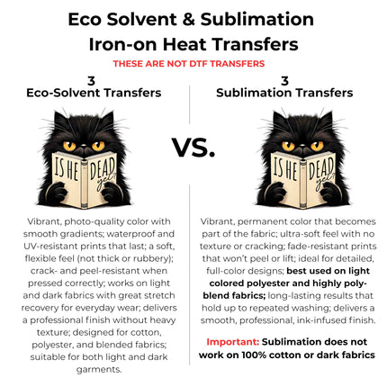 Is He _ead Yet? Cat 6-Pack Crafter’s & DIY Bundle – 3 Eco-Solvent Iron-On Heat Transfers + 3 Sublimation Iron-On Heat Transfers, Ready to Press. Bonus: 4 Matching 2-Inch Stickers