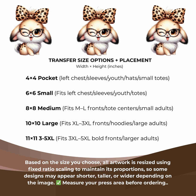 Leopard Bow Bunny Cutie 6-Pack DIY Bundle – 3 Eco-Solvent Iron-On Heat Transfers + 3 Sublimation Iron-On Heat Transfers, Ready to Press. Bonus: 4 Matching 2-Inch Stickers