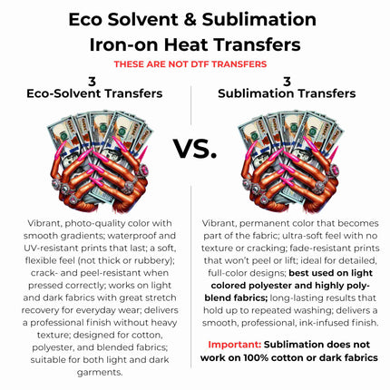 Pretty Paid Energy 6-Pack Crafter’s & DIY Bundle – 3 Eco-Solvent Iron-On Heat Transfers + 3 Sublimation Iron-On Heat Transfers, Ready to Press. Bonus: 4 Matching 2-Inch Stickers