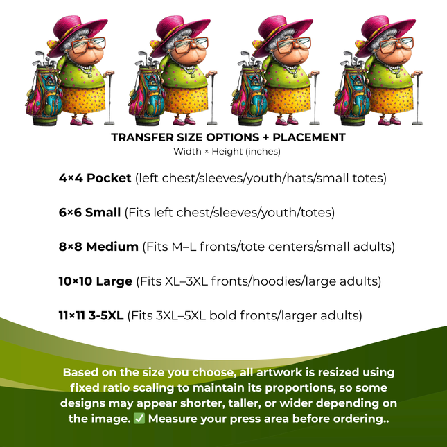 Grandma Fairway Flo 6-Pack DIY Bundle – 3 Eco-Solvent Iron-On Heat Transfers + 3 Sublimation Iron-On Heat Transfers, Ready to Press. Bonus: 4 Matching 2-Inch Stickers