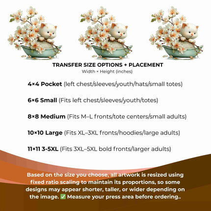 Whimsical Spring cat #1 6-Pack DIY Bundle – 3 Eco-Solvent Iron-On Heat Transfers + 3 Sublimation Iron-On Heat Transfers, Ready to Press. Bonus: 4 Matching 2-Inch Stickers