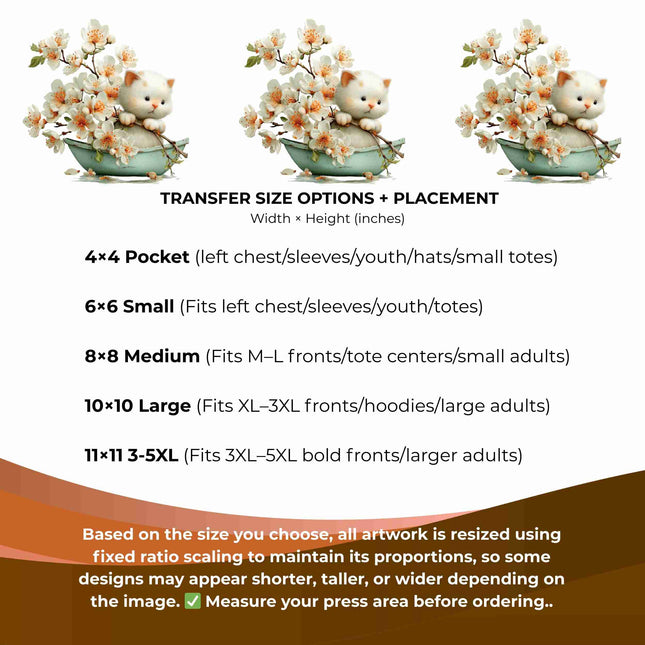 Whimsical Spring Cat #1 6-Pack DIY Bundle – 3 Eco-Solvent Iron-On Heat Transfers + 3 Sublimation Iron-On Heat Transfers, Ready to Press. Bonus: 4 Matching 2-Inch Stickers