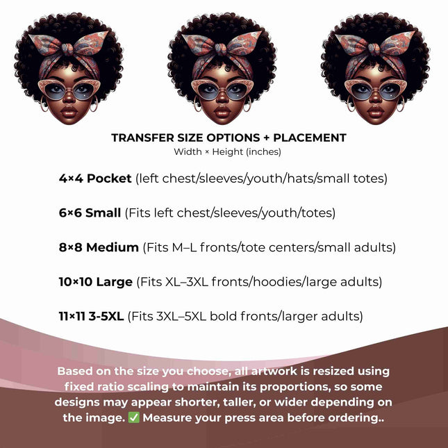 Retro Bow Afro Beauty 6-Pack DIY Bundle – 3 Eco-Solvent Iron-On Heat Transfers + 3 Sublimation Iron-On Heat Transfers, Ready to Press. Bonus: 4 Matching 2-Inch Stickers