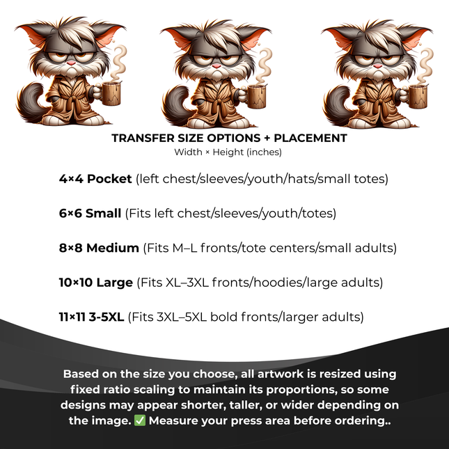 Grumpy Brew Feline 6-Pack Ready-to-Press DIY Bundle – 3 Eco-Solvent + 3 Sublimation Iron-on Heat Transfers with 4 Bonus 2-Inch Stickers