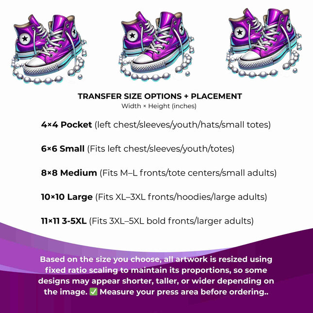 Orchid High-Tops 6-Pack DIY Bundle – 3 Eco-Solvent Iron-On Heat Transfers + 3 Sublimation Iron-On Heat Transfers, Ready to Press. Bonus: 4 Matching 2-Inch Stickers