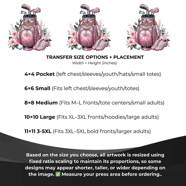 Blush Diamond Golf Queen 6-Pack Ready-to-Press DIY Bundle – 3 Eco-Solvent + 3 Sublimation Heat Transfers with 4 Bonus 2-Inch Stickers
