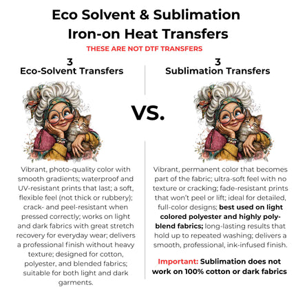 Cozy Cat Grandma 6-Pack Crafter’s & DIY Bundle – 3 Eco-Solvent Iron-On Heat Transfers + 3 Sublimation Iron-On Heat Transfers, Ready to Press for T-Shirts & More. Bonus: 4 Matching 2-Inch Stickers