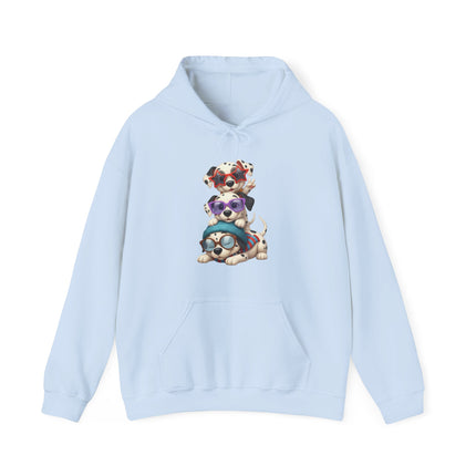Cute Stacked Puppies Hoodie – Colorful Sunglass Dog Trio Pullover