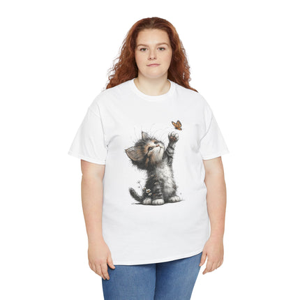 Whimsical Spring Cat #5 - Kitten Reaching for Butterfly Tee | Cute Cat Illustration Shirt