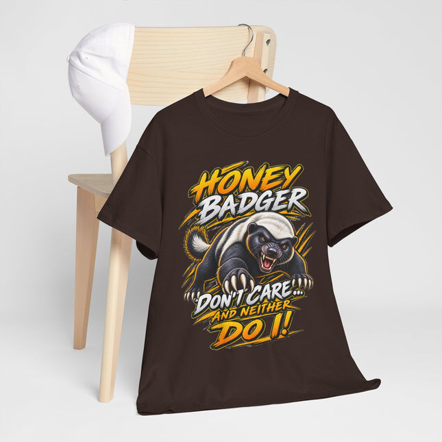 Honey Badger Graphic Tee - "Honey Badger Don't Care and Neither Do I" Bold Animal Illustration Shirt