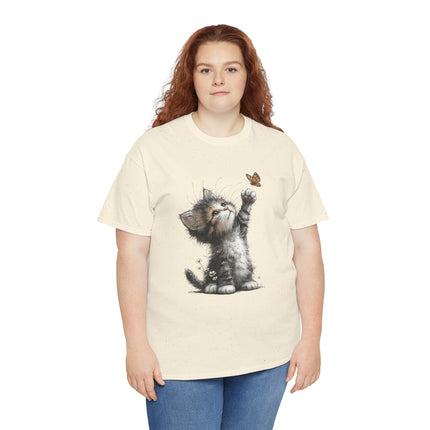Whimsical Spring Cat #5 - Kitten Reaching for Butterfly Tee | Cute Cat Illustration Shirt