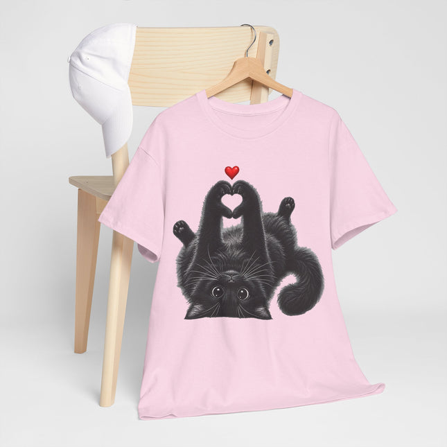 Cat Heart Tee — Cute Black Cat Lying Upside Down with Heart Graphic