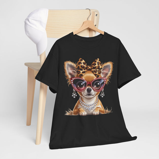 Chic Chihuahua Tee — Leopard Bow & Pearl Dog Graphic T-Shirt