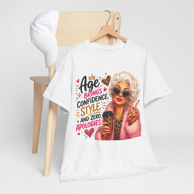 T-Shirt — "Age Brings Confidence, Style & Zero Apologies" Retro Glam Senior Woman Graphic Tee