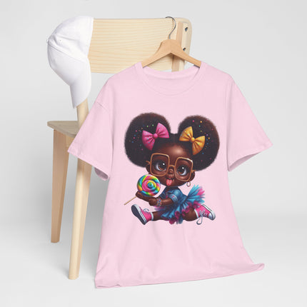Sweet Pop Princess 🍭 Graphic Tee — Cute Afro Puff Girl with Lollipop