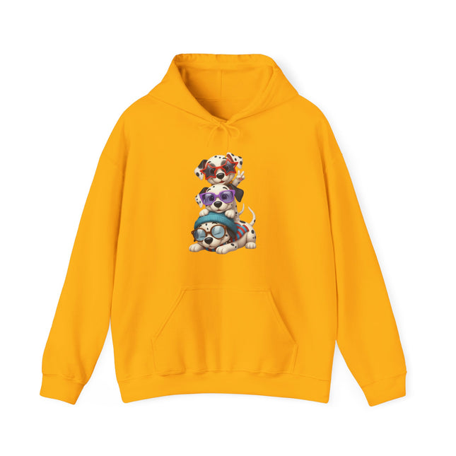Cute Stacked Puppies Hoodie – Colorful Sunglass Dog Trio Pullover