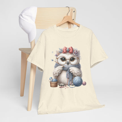 Cute Knitting Owl T-Shirt, Adorable Owl with Yarn and Needles, Cozy Craft Lover Gift Tee, Crochet Knitter Graphic Shirt