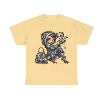 Retro Fashion Doll Tee with Cat – Cute Big Eye Cartoon Streetwear Graphic T-Shirt for Women Trendy Urban Style Top