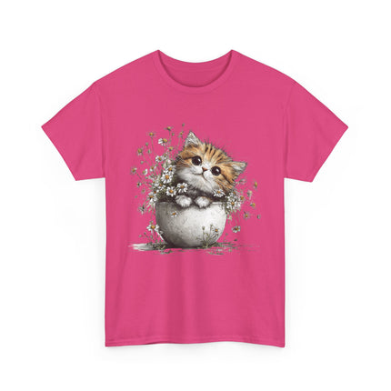 Whimsical Spring Cat #7 - Kitten Reaching for Butterfly Tee | Cute Cat Illustration Shirt