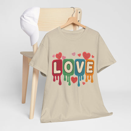 Faux Yarn "LOVE" Drip Graphic Tee — Colorful Retro Heart Design