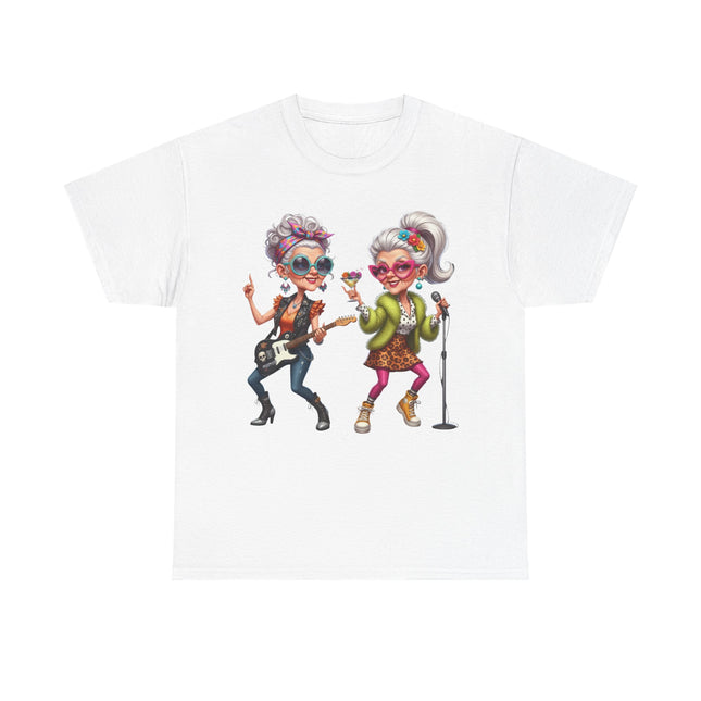 Senior Rock Duo Graphic Tee — Retro Grandmas Singing & Playing Guitar