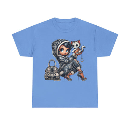 Retro Fashion Doll Tee with Cat – Cute Big Eye Cartoon Streetwear Graphic T-Shirt for Women Trendy Urban Style Top