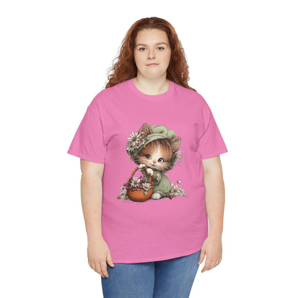 Whimsical Spring Cat #31 - Kitten Reaching for Butterfly Tee | Cute Cat Illustration Shirt