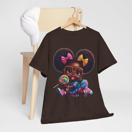 Sweet Pop Princess 🍭 Graphic Tee — Cute Afro Puff Girl with Lollipop