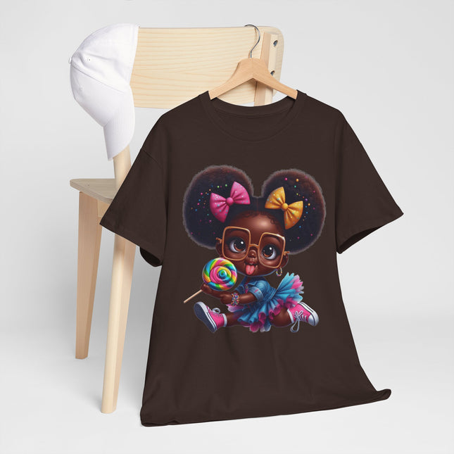 Sweet Pop Princess 🍭 Graphic Tee — Cute Afro Puff Girl with Lollipop