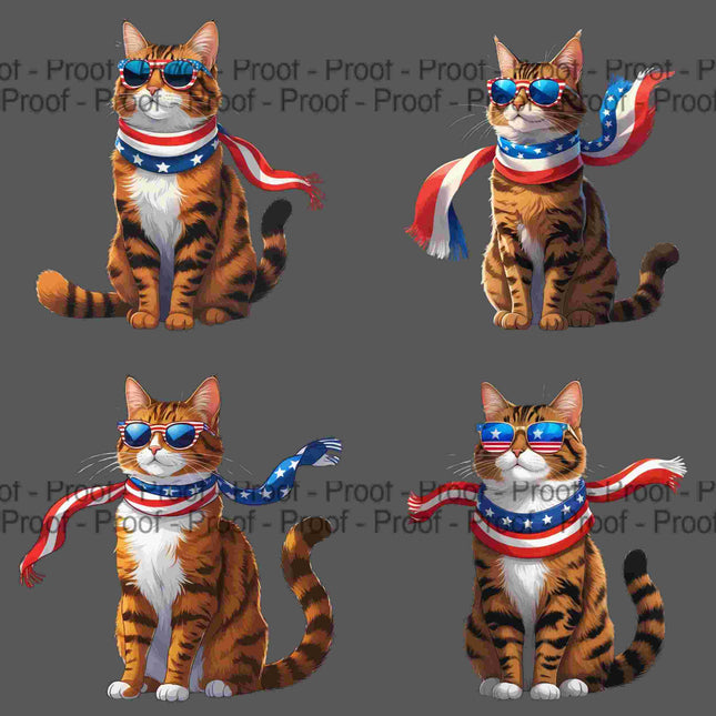 4 Patriotic Tabby Cat Sublimation PNGs – High-Res Clipart Digital File Style Junction – Custom Digital Designs & Apparel