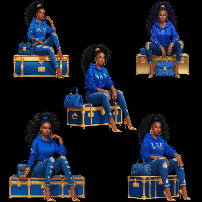 Afro Diva in Blue Luxe Hoodie – PNG Bundle of 5 Digital File Style Junction – Custom Digital Designs & Apparel