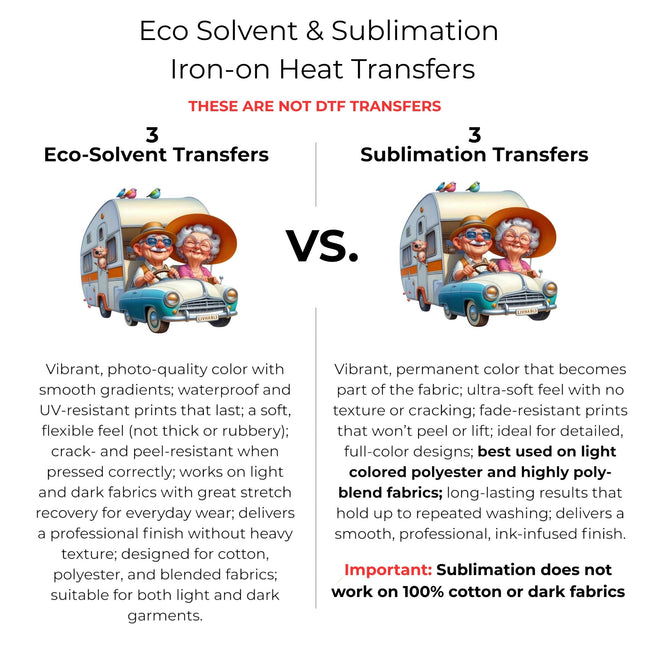 Golden Years Road Trip 6-Pack Ready-to-Press DIY Bundle – 3 Eco-Solvent + 3 Sublimation Heat Transfers with 4 Bonus 2-Inch Stickers