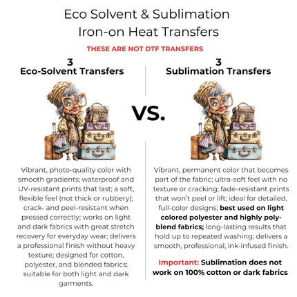 Vintage Travel Queen 6-Pack Ready-to-Press DIY Bundle – 3 Eco-Solvent + 3 Sublimation Heat Transfers with 4 Bonus 2-Inch Stickers