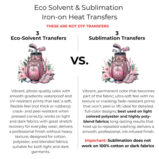 Blush Diamond Golf Queen 6-Pack Ready-to-Press DIY Bundle – 3 Eco-Solvent + 3 Sublimation Heat Transfers with 4 Bonus 2-Inch Stickers