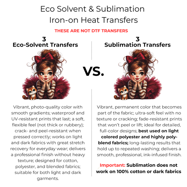 Scarlet Daydream Darling 3 Eco-Solvent Iron-On Heat Transfers + 3 Sublimation Iron-On Heat Transfers, Ready to Press. Bonus: 4 Matching 2-Inch Stickers