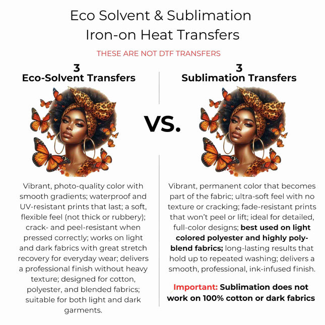 Monarch Queen Beauty 6-Pack DIY Bundle – 3 Eco-Solvent Iron-On Heat Transfers + 3 Sublimation Iron-On Heat Transfers, Ready-to-Press. Bonus: 4 Matching 2-Inch Stickers