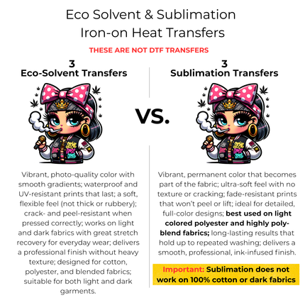 Crowned Smoke Queen 6-Pack Crafter’s & DIY Bundle – 3 Eco-Solvent + 3 Sublimation Ready-to-Press Iron-On Heat Transfers for T-Shirts, Tote Bags & More, + Bonus 4 Matching 2-Inch Stickers