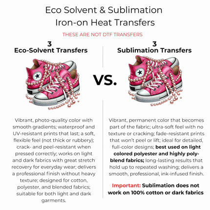 Blush Pearl High-Tops 6-Pack DIY Bundle – 3 Eco-Solvent Iron-On Heat Transfers + 3 Sublimation Iron-On Heat Transfers, Ready to Press. Bonus: 4 Matching 2-Inch Stickers