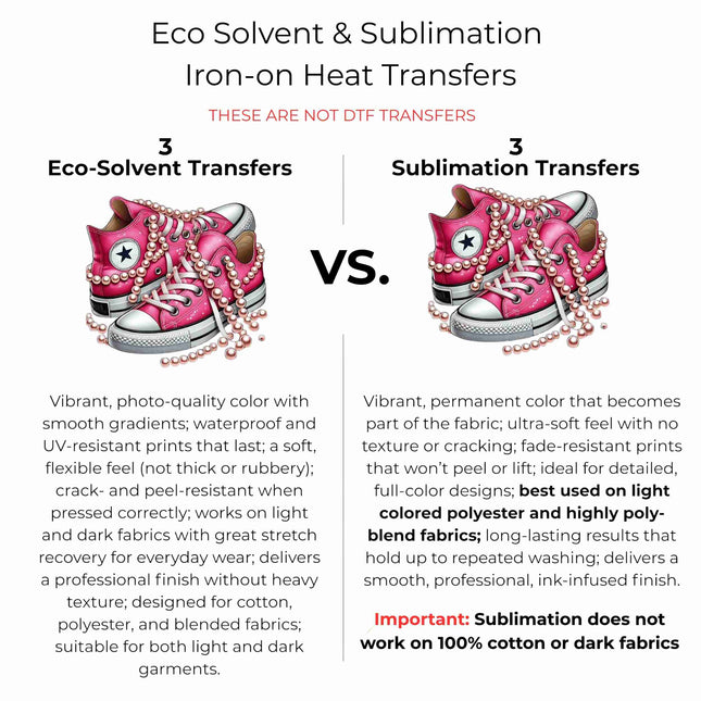 Blush Pearl High-Tops 6-Pack DIY Bundle – 3 Eco-Solvent Iron-On Heat Transfers + 3 Sublimation Iron-On Heat Transfers, Ready to Press. Bonus: 4 Matching 2-Inch Stickers