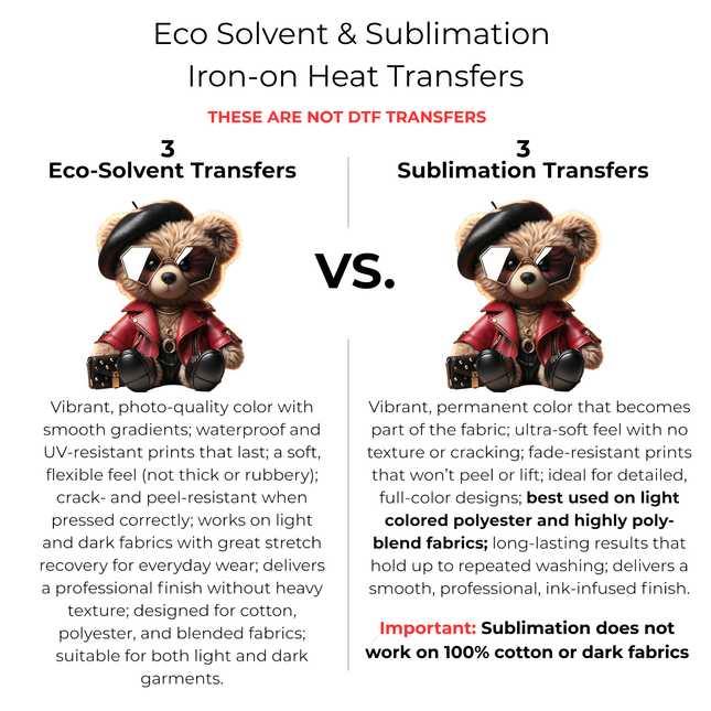 Haute Rebel Teddy 6-Pack Ready-to-Press DIY Bundle – 3 Eco-Solvent + 3 Sublimation Iron-on Heat Transfers with 4 Bonus 2-Inch Stickers