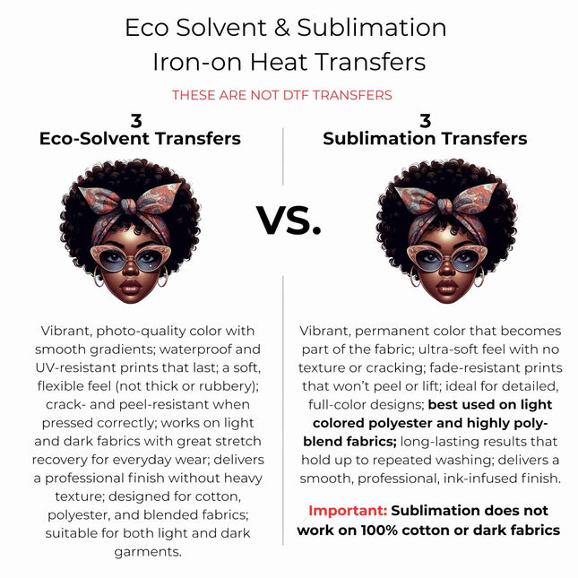 Retro Bow Afro Beauty 6-Pack DIY Bundle – 3 Eco-Solvent Iron-On Heat Transfers + 3 Sublimation Iron-On Heat Transfers, Ready to Press. Bonus: 4 Matching 2-Inch Stickers