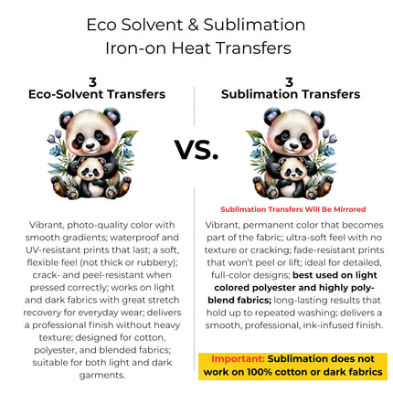 Mama Panda 6-Pack Crafter’s & DIY Bundle – 3 Eco-Solvent + 3 Sublimation Ready-to-Press Iron-On Heat Transfers for T-Shirts, Tote Bags & More, + Bonus 4 Matching 2-Inch Stickers