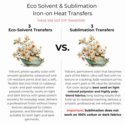 Whimsical Spring cat #1 6-Pack DIY Bundle – 3 Eco-Solvent Iron-On Heat Transfers + 3 Sublimation Iron-On Heat Transfers, Ready to Press. Bonus: 4 Matching 2-Inch Stickers