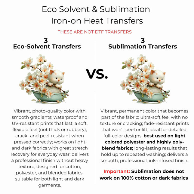 Whimsical Spring Cat #1 6-Pack DIY Bundle – 3 Eco-Solvent Iron-On Heat Transfers + 3 Sublimation Iron-On Heat Transfers, Ready to Press. Bonus: 4 Matching 2-Inch Stickers