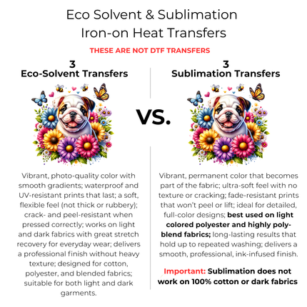 Blossom Buddy Bulldog 6-Pack Ready-to-Press DIY Bundle – 3 Eco-Solvent + 3 Sublimation Iron-on Heat Transfers with 4 Bonus 2-Inch Stickers