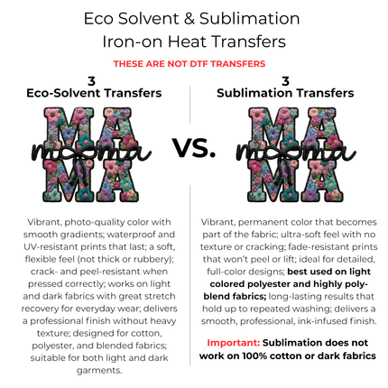 Floral Mama Black Monogram 6-Pack Ready-to-Press DIY Bundle – 3 Eco-Solvent + 3 Sublimation Iron-on Heat Transfers with 4 Bonus 2-Inch Stickers