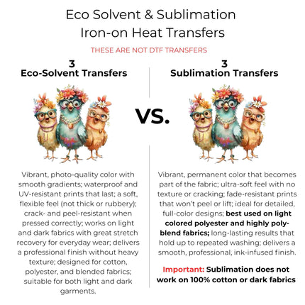 Floral Glasses Chick Trio 6-Pack DIY Bundle – 3 Eco-Solvent Iron-On Heat Transfers + 3 Sublimation Iron-On Heat Transfers, Ready to Press. Bonus: 4 Matching 2-Inch Stickers