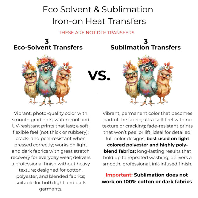 Floral Glasses Chick Trio 6-Pack DIY Bundle – 3 Eco-Solvent Iron-On Heat Transfers + 3 Sublimation Iron-On Heat Transfers, Ready to Press. Bonus: 4 Matching 2-Inch Stickers