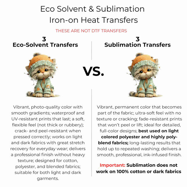 Whimsical Spring cat #11 6-Pack DIY Bundle – 3 Eco-Solvent Iron-On Heat Transfers + 3 Sublimation Iron-On Heat Transfers, Ready to Press. Bonus: 4 Matching 2-Inch Stickers