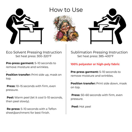 Cozy Cat Grandma 6-Pack Crafter’s & DIY Bundle – 3 Eco-Solvent Iron-On Heat Transfers + 3 Sublimation Iron-On Heat Transfers, Ready to Press for T-Shirts & More. Bonus: 4 Matching 2-Inch Stickers